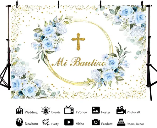 Miniatura 3 de AIBIIN Telón de fondo Mi Bautizo de 7 x 5 pies para niño, color azul, floral, bautismo, primera comunión, fotografía, fondo, bautizo, puntos