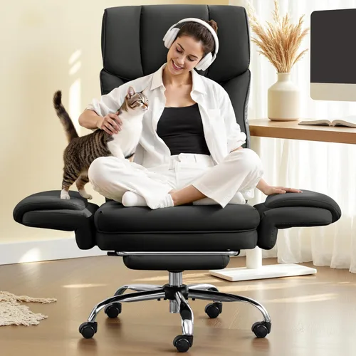 FelixKing Silla de oficina grande y alta, silla ejecutiva de cuero ancho de 400 libras, reposabrazos reversible para mascotas con piernas cruzadas,