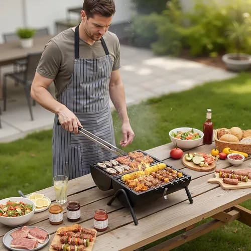 Miniatura 8 de VINGLI Parrilla de carbón portátil de doble cara, mango de madera, bolsa de almacenamiento, multifuncional de metal compacto de mesa para barbacoa