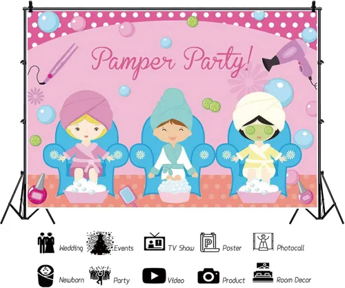 Miniatura 3 de Telón de fondo de fiesta de mimo, decoración de fiesta temática de belleza, burbujas, baño de pies, fondo rosa, suministros de fiesta de cumpleaños