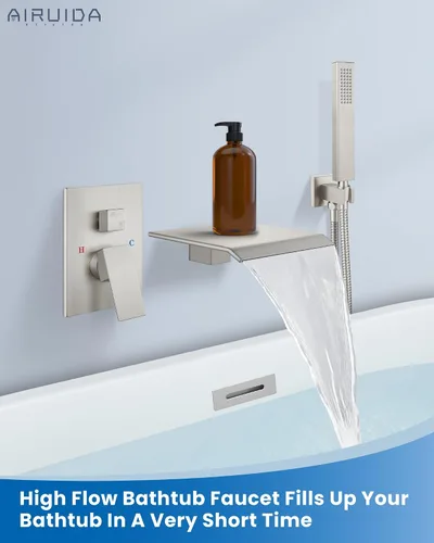 Miniatura 2 de Airuida Grifo de Bañera de Montaje en Pared con Caño de Cascada para Bañera, Grifo de Bañera Montado en Pared con Ducha de Mano de Una Sola Manija