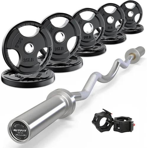 Miniatura 10 de RitFit Barra de rizo EZ de 2 pulgadas con pesas, capacidad de peso de 350 libras, barra olímpica para ejercicios de bíceps, tríceps y levantamiento