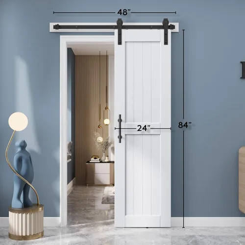 Miniatura 8 de EaseLife: puerta de granero blanca de 24 x 84 pulgadas con kit de herrajes deslizantes de 4 pies incluido y manija, puerta de madera maciza cubierta
