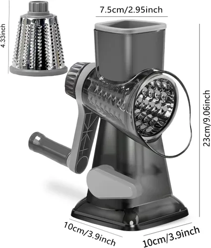 Miniatura 5 de Dachenus Rallador de queso, rotativo, triturador de queso versátil, cuchillas para triturar, rallar, rebanar, triturador de queso con base de Gris