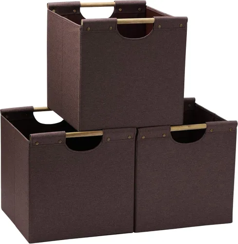 Miniatura 8 de HOONEX Contenedores de almacenamiento plegables, cubos de almacenamiento de tela de lino de 12 x 12 x 12 pulgadas, paquete de 3, cestas