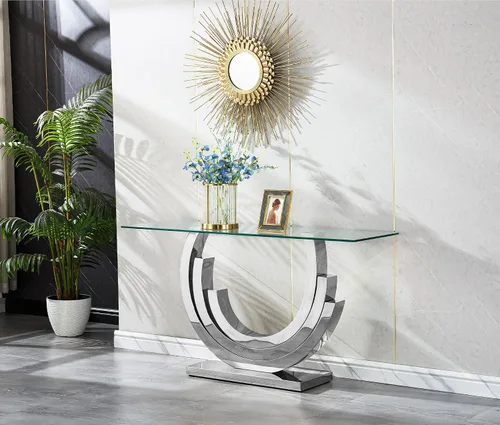 Miniatura 27 de Mesa de centro de cristal de lujo, mesa de centro de sofá de 47 pulgadas con marco de acero inoxidable dorado y parte superior de vidrio negro, mesa
