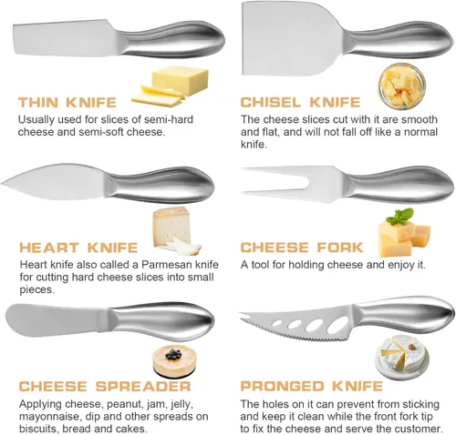 Miniatura 6 de VANRA Juego de 6 cuchillos de queso de acero inoxidable con esparcidor de mantequilla y tenedor para tablas de embutidos y platos de queso
