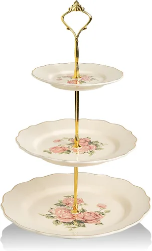 Miniatura 15 de Sweejar Soporte de cerámica para tartas de 3 niveles, soporte para postres, soporte para cupcakes, bandeja para servir pasteles de fiesta de té