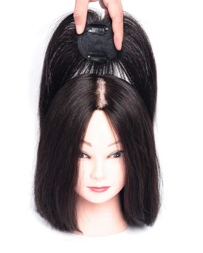 Toppers de cabello humano con clip para mujer con punto calvo, base redonda de 360 grados para la frente, piezas de pelo tipo tupé, 6 pulgadas, negro