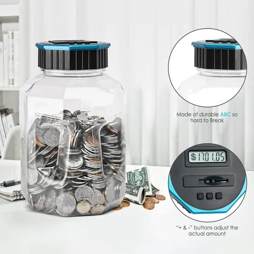 Miniatura 6 de Alcancía X-Large para adultos y niños, Vcertcpl banco digital contador de monedas con contador LCD, capacidad de 2.4L, excelente banco contador