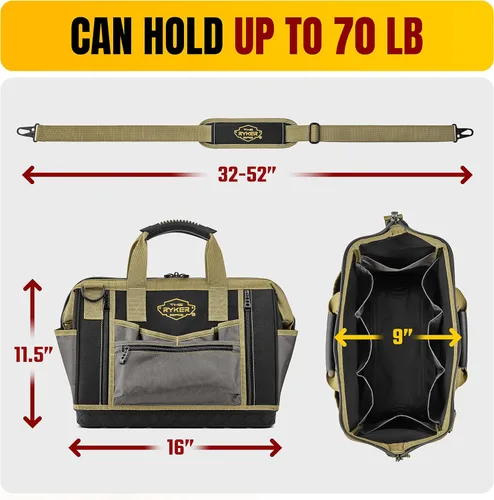 Miniatura 4 de Bolsa de herramientas grande Ryker de 16 pulgadas, organizador de bolsa de herramientas resistente para hombres/mujeres, 28 bolsillos, bolsas