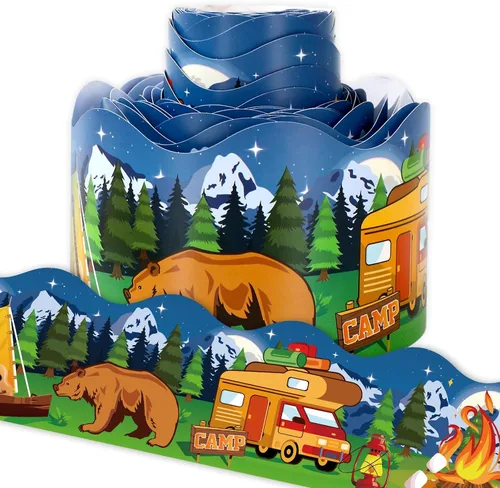 Whaline Tablero de anuncios de campamento de 32.8 pies, borde de oso de dibujos animados, tienda de campaña, bosque, troquelado, borde recortado,