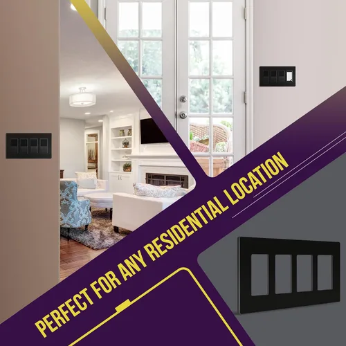 Miniatura 4 de ENERLITES Placas de pared decorativas sin tornillos, cubiertas de tomacorrientes seguras para niños, tamaño de 4 posiciones, 4.68" H x 8.30" L, Negro