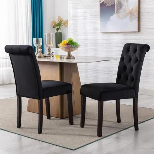 Miniatura 6 de Juego de 2 sillas de comedor de terciopelo tapizadas, modernas sillas decorativas copetudas, sillas laterales Parsons de madera para el hogar, negro