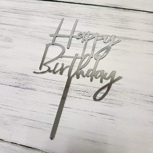 Miniatura 5 de Decoración de pastel de feliz cumpleaños para decoraciones de fiesta de cumpleaños (acrílico plateado espejo)