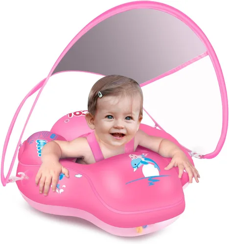 LAYCOL - Flotador inflable de natación para bebé con anillo de flotación para piscina y toldo de protección solar, cola añadida, no se voltea, para