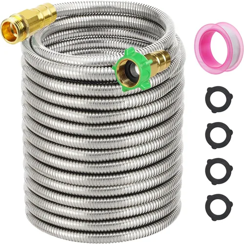 Miniatura 8 de Manguera de jardín corta con conector macho a hembra, manguera líder de metal a prueba de fugas de 2 pies para carrete, tubo de agua flexible