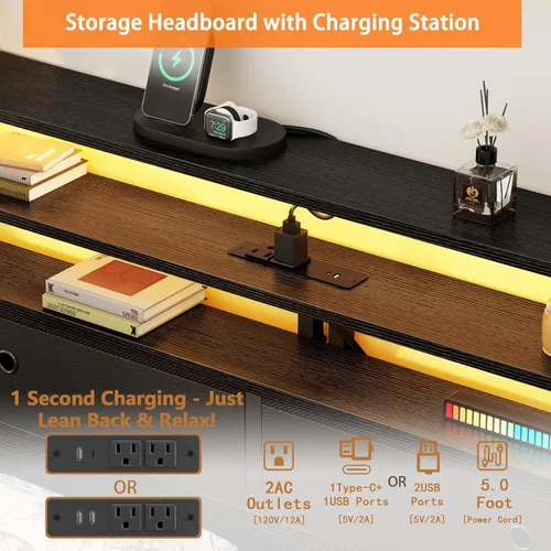 Miniatura 5 de Furnulem Full Size Bed Frame with Headboard, 3-Tier Storage Shelves & 2 Fabric Drawers, Built-in Charging Station & RGB LED Lights, Metal Slat