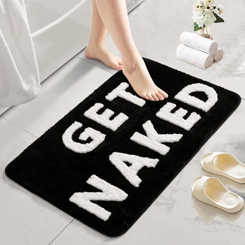 Alfombra de baño divertida con texto en inglés «Get Naked», suave, antideslizante, bonita, divertida decoración de baño para dormitorio (negro, 16 x