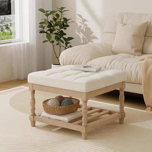 Miniatura 2 de UEV Juego de 3 mesas de café otomanas, juego de mesa de madera para sala de estar, incluye 2 mesas auxiliares tapizadas, mesita de noche, patas