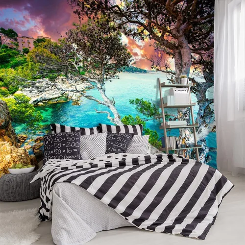 Miniatura 8 de Papel tapiz de tela con diseño de paisajes forestales verdes, bosques, árboles, sala de estar, dormitorio, baño, selva, mural de pared - 91 x 65