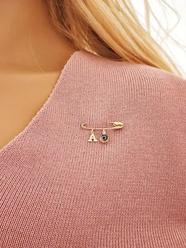 Miniatura 2 de 14k. Yellow Gold Baby Safety Pin Evil Eye & Initial Charms/Christening/Baptism/NOT Gold Filled NOT Gold Plated