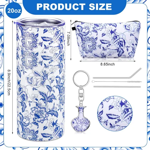Miniatura 3 de Abbylike 3 vasos de acero inoxidable azul y blanco de 20 onzas, regalo chinoiserie, bolsa de maquillaje azul y blanco, llavero para enamorados
