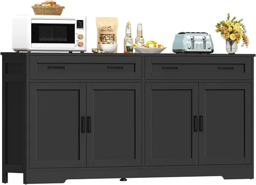 Miniatura 11 de usikey Aparador grande de 61 pulgadas con 4 puertas y 3 cajones, mesa de buffet de granja, armario de almacenamiento de comedor para cocina o sala