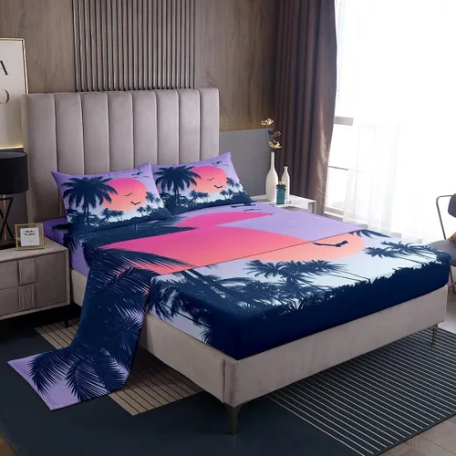 Miniatura 9 de Juego de sábanas de 3 piezas con diseño de playa oceánica, diseño de árbol de coco tropical, para decoración de habitación de niños, niñas, niños