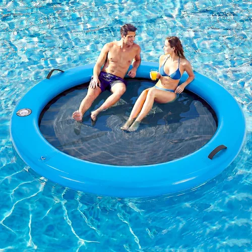 Miniatura 16 de 6-12FT Round Inflatable Floating Dock, Sunchill Float Ring, Water Hammock Tanning Pool Floats with Woven Fabric, Manual Pump for Quick Azul