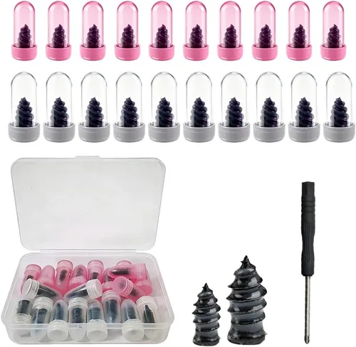 Kruggo Clavos de reparación de neumáticos al vacío, tornillos de goma, kits de reparación de neumáticos con 2 tamaños, destornillador y caja de