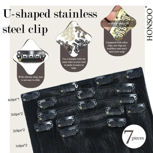 Miniatura 3 de Honsoo - Extensiones de cabello humano 100 % Remy con pinza, 7 unidades de 2.47 oz y 12 pulgadas, color negro azabache, corto y suave, sin costuras