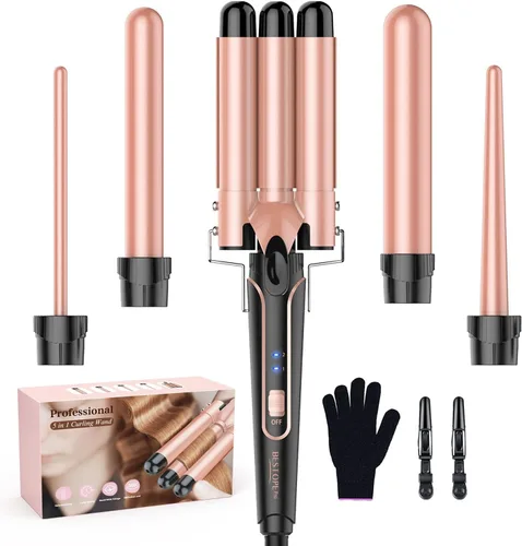 Waver - Varita rizadora BESTOPE PRO 5 en 1 con rizador de pelo de 3 barriles para mujeres, rizador de pelo de calentamiento rápido en todo tipo de