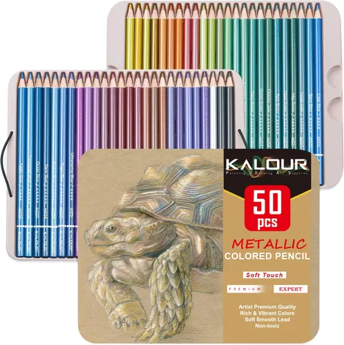 KALOUR 50 lápices de colores metálicos para adultos, núcleo suave con colores vibrantes, ideales para dibujar, mezclar, bocetos, sombreado, lápices