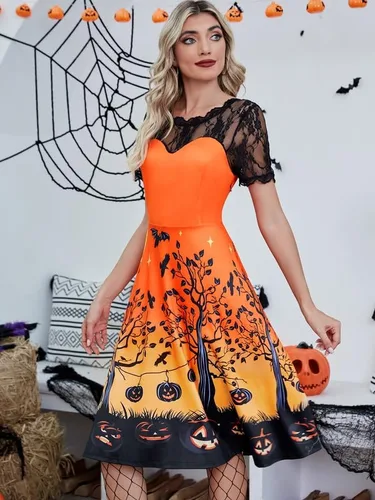 Miniatura 4 de Vestido de calabaza con mangas de encaje para mujer con cremallera lateral