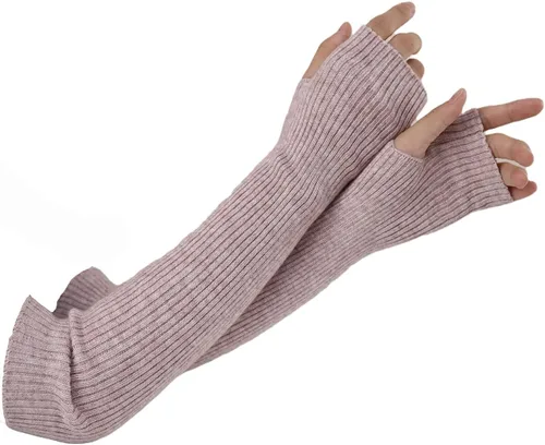 Miniatura 25 de Facecozy Calentadores de brazos para mujer, mezcla de lana de cachemira, guantes largos sin dedos para mujer, guantes para clima frío con agujero