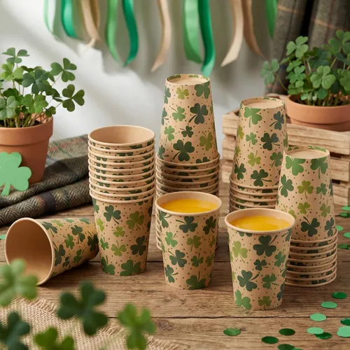 Miniatura 2 de Jingmore 50 tazas de café de papel kraft de trébol del día de San Patricio, 12 onzas, desechables de trébol verde irlandés, vasos desechables