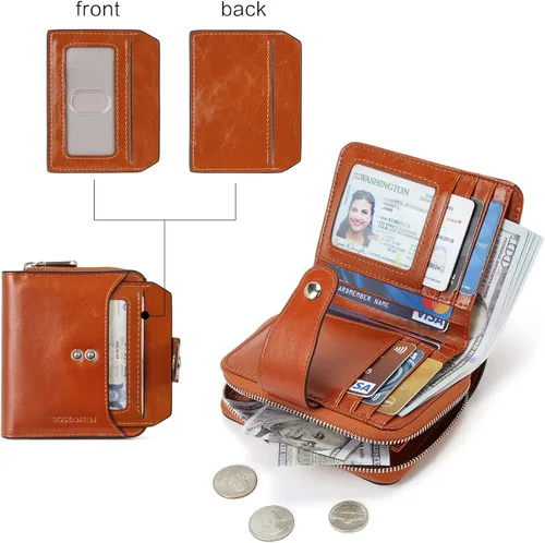 Miniatura 2 de BOSTANTEN - Billeteras de piel para mujer, con bloqueo RFID, con cremallera y bolsillo, billetera pequeña de dos cuerpos, con tarjetero