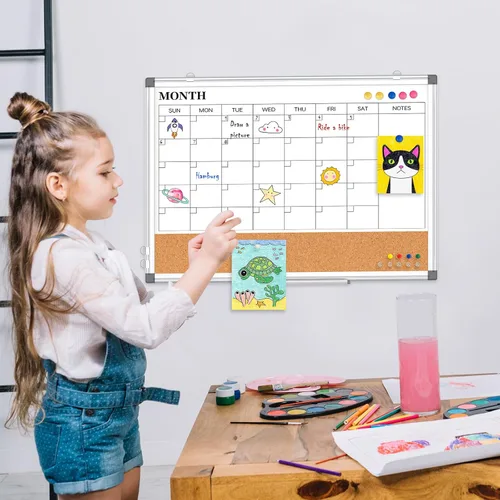Miniatura 9 de Pizarra Blanca de Calendario Mensual de Borrado en Seco Combinada con Tablero de Corcho para Pared, 24" x 18" Calendario de Pizarra Blanca de Doble