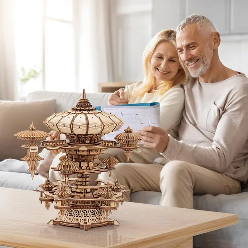 Miniatura 8 de Rompecabezas de madera 3D para adultos, kit de modelo de caja de música SkyCity, más de 600 piezas, diseño de paisaje urbano, desafiante artesanía
