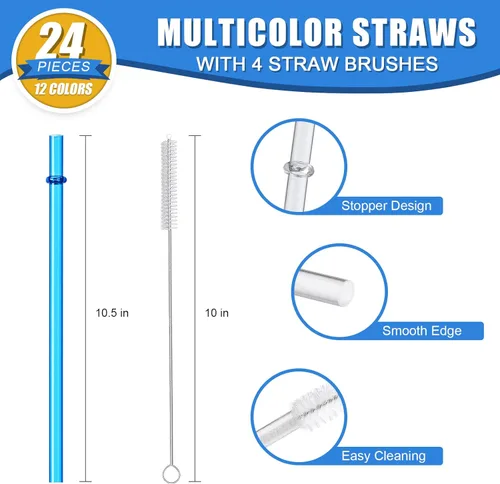 Miniatura 3 de 24 popotes reutilizables con 4 cepillos, popotes de plástico duro Tritan de 10.5 pulgadas de largo, 12 colores translúcidos de repuesto para vasos