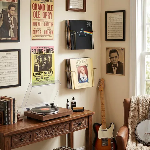 Miniatura 4 de MyGift - Estantes de pared de alambre metálico para discos de vinilo modernos, portadiscos LP colgantes, estantes flotantes para cubiertas de Latón