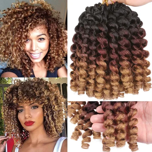 Miniatura 7 de Leeven Pelo corto de 8 pulgadas de Jamaica Bounce Wand Curl Crochet Hair Senegalese Twist sintético trenzado de pelo Ombre azul Jumpy Wand Curly