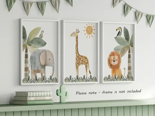 Miniatura 3 de Eviepops Prints Lindos animales de safari juego de 3 impresiones sin marco para bebé niña o niño, cuarto de bebé, habitación de niños, decoración