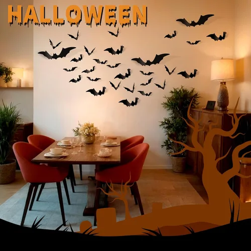 Miniatura 3 de FANDAMEI 140 piezas de murciélagos para decoración de Halloween, 5 tamaños de murciélagos, decoración de pared de murciélagos 3D para decoración