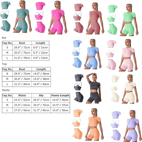 Miniatura 6 de Conjunto de yoga para mujer, sin costuras, pantalones cortos de ejercicio de cintura alta con brasier deportivo, 3 piezas, conjunto deportivo