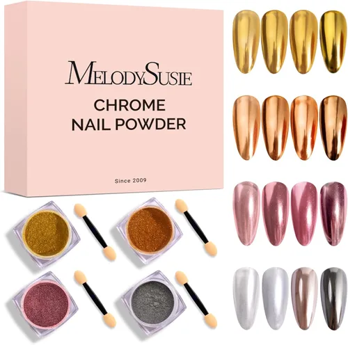 Miniatura 12 de MelodySusie Polvo para Uñas Oro Champán con Efecto Cromo para Uñas de Gel, Pigmento Metálico con Efecto Espejo, Purpurina Fina Elegante