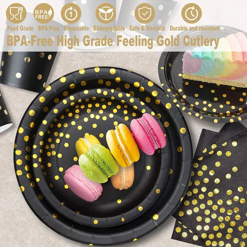Miniatura 3 de AIRE 175 piezas de platos de papel negro y dorado, juego de vajilla para fiestas, suministros para 25 invitados, platos desechables para fiesta, 175