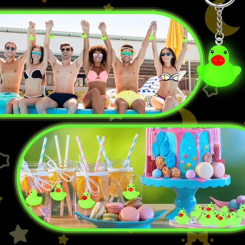 Miniatura 3 de Deekin 24 llaveros de pato luminoso, que brilla en la oscuridad, llavero verde de pato de goma para crucero, regalos de fiesta, suministros