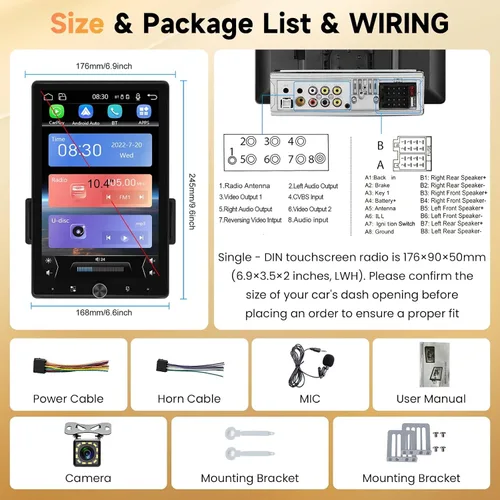 Miniatura 7 de Pantalla táctil giratoria de 10.4 pulgadas para coche, estéreo inalámbrico Carplay y Android Auto, radio Bluetooth para coche con SWC, enlace